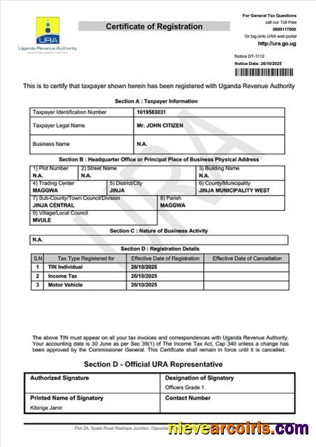Uganda certificate of taxpayer registration